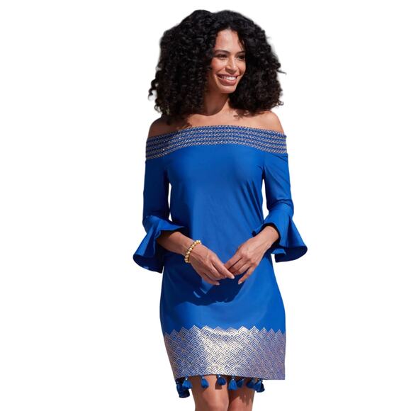 Cabana Life Royal Blues Embroidered Pom-Pom Off-The-Shoulder Dress Size Medium - Picture 1 of 13